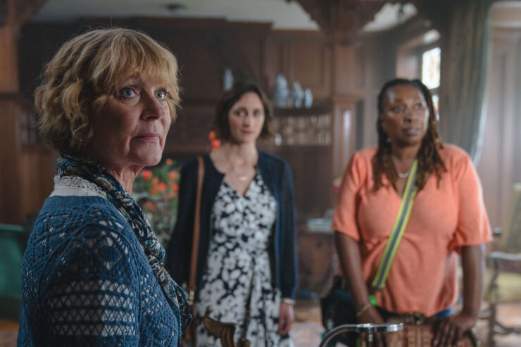 MASTERPIECE "The Marlow Murder Club" Coming to MASTERPIECE on PBS in 2024 Picture shows: (L-R) Samantha Bond as Judith Potts, Cara Horgan as Becks Starling and Jo Martin as Suzie Harris