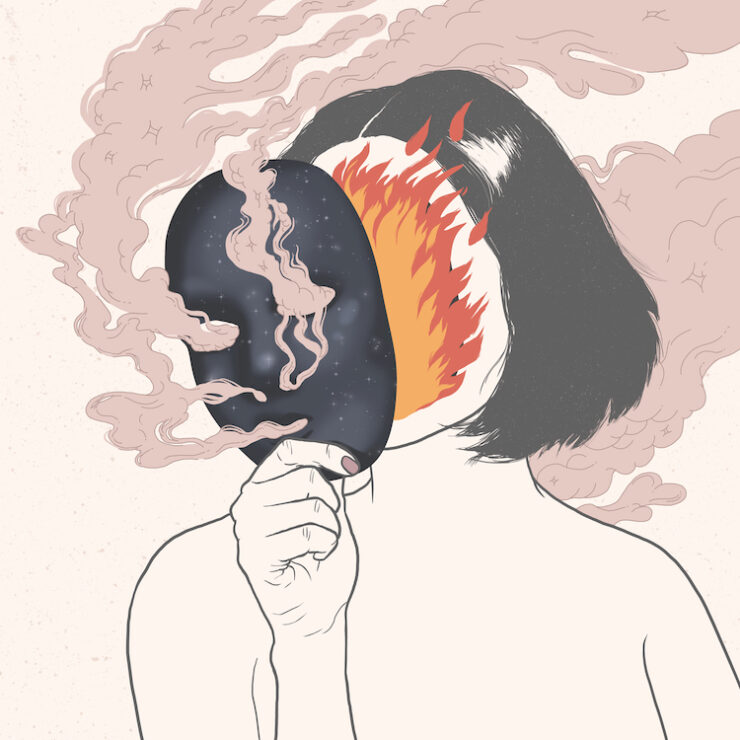 An illustration of a woman removing a charred mask to reveal a flaming face.