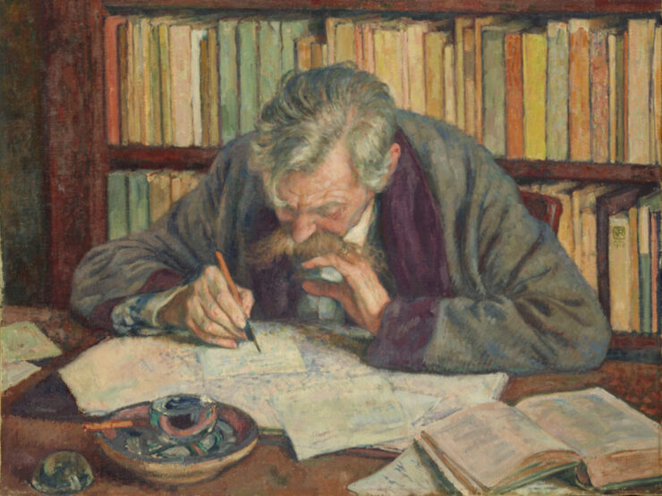Painting of a man sitting at a desk, bent over a pile of papers and books, writing on one of the papers