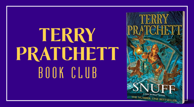 Cover of Snuff by Terry Pratchett, showing Vimes at the wheel of a ship on a stormy sea, surrounded by chickens.