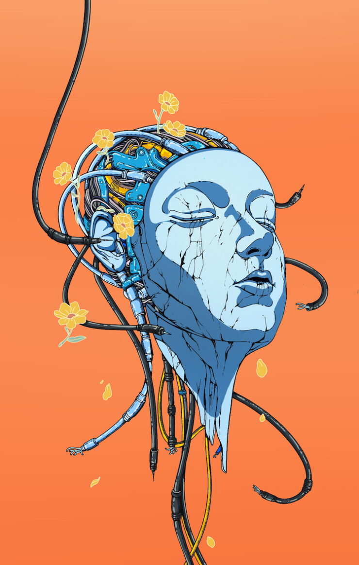 Illustration of a blue humanoid face with wires dangling behind it on an orange field.