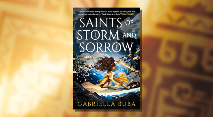 Cover of Saints of Storm and Sorrow by Gabriella Buba, showing a person wearing a gold-coloured outfit and wielding a golden bladed weapon, against a stormy sky.