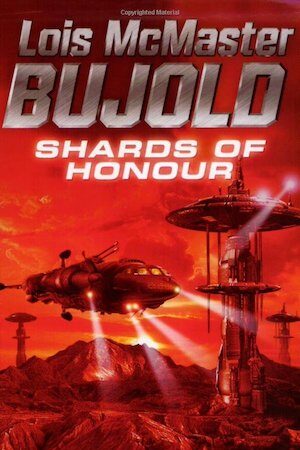 Cover of Shards of Honor by Lois McMaster Bujold, showing an aircraft with searchlights against a red background over a red landscape with towers.