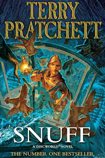 Cover of Snuff by Terry Pratchett, showing Vimes steering a boat, surrounded by chickens, in a chaotic scene.