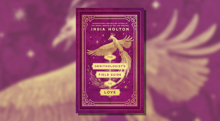 Cover of The Ornithologist's Field Guide to Love by India Holton, showing a golden bird and some stars against a purple background.