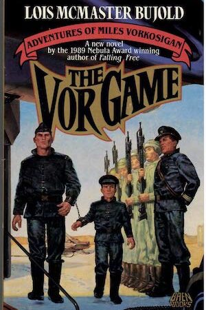 Cover of The Vor Game by Lois McMaster Bujold, showing Miles Vorkosigan in military dress, handcuffed to another military figure and walking back several others.