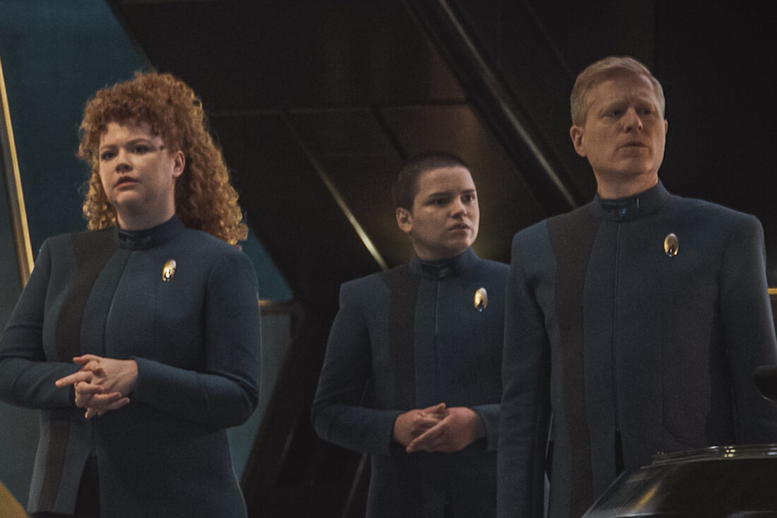 L-R: Mary Wiseman as Tilly, Blu del Barrio as Adira and Anthony Rapp as Stamets in Star Trek: Discovery, episode 5, season 5, streaming on Paramount+, 2023