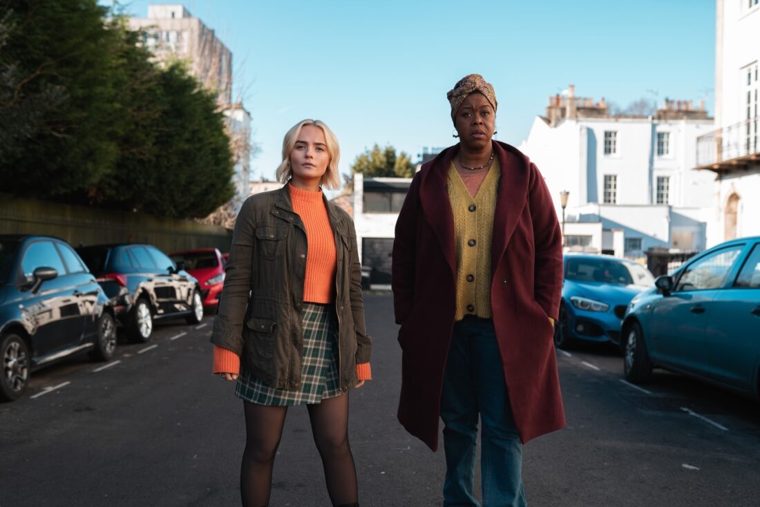 Millie Gibson as Ruby Sunday and Michelle Greenidge as Carla Sunday standing in road in Doctor Who, "73 Yards"