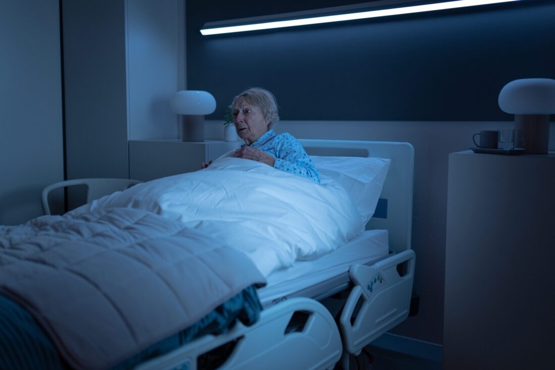 Amanda Walker as elderly Ruby in hospital bed in Doctor Who, "73 Yards"