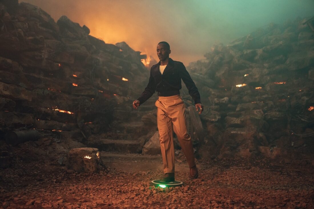 Ncuti Gatwa as the Doctor, standing on a landmine in Doctor Who, "Boom"