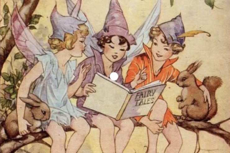 Illustration of three fairies sitting on a tree branch with a rabbit and a squirrel; the central fairy holds a book of Fairy Tales