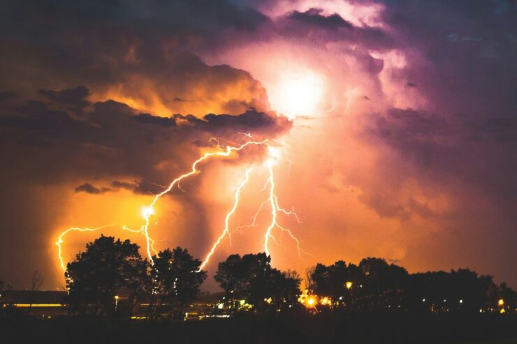 Photo of a lightning storm at night