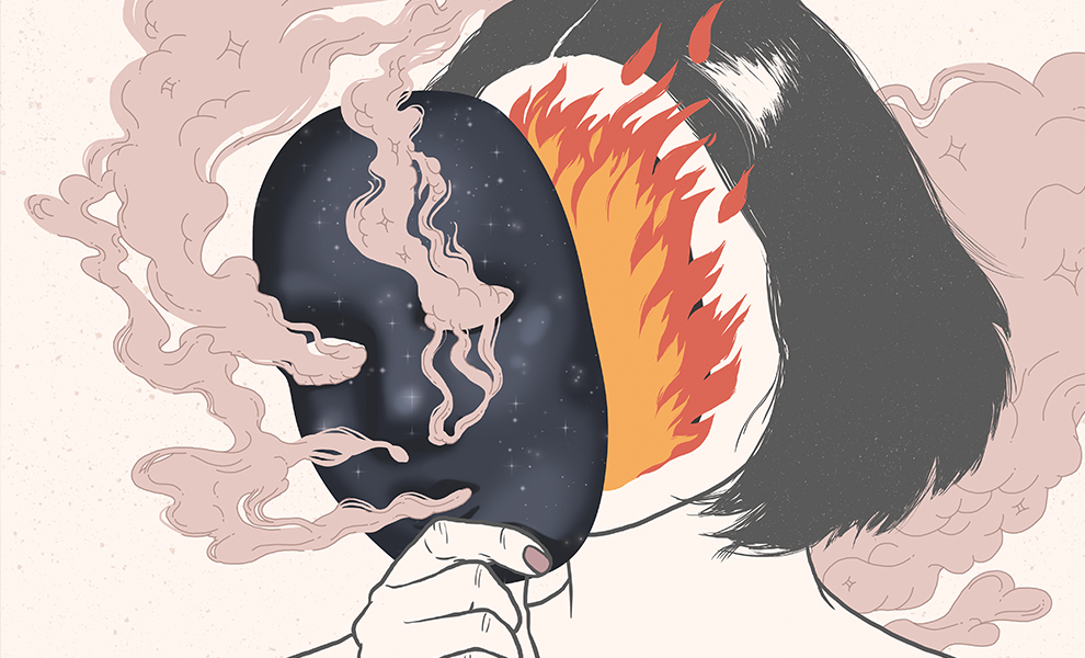 An illustration of a woman removing a charred mask to reveal a flaming face.