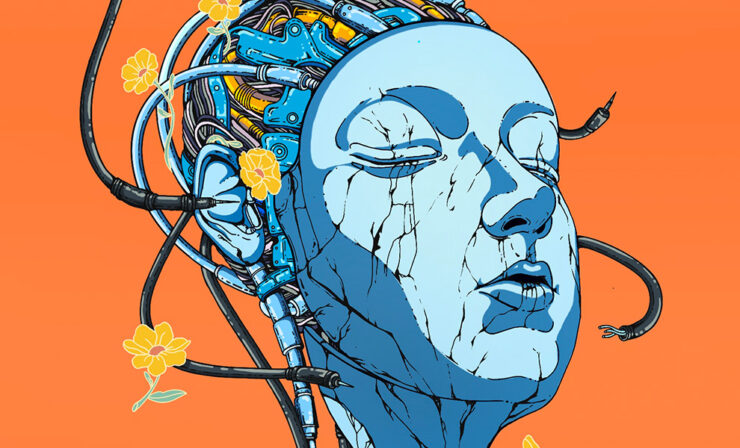 Illustration of a blue humanoid face with wires dangling behind it on an orange field.