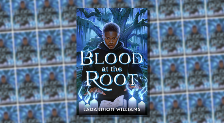 Cover of Blood at the Root, showing a robed man standing in front of a tree. In front of him are five lit white candles and a book open to pages that show mysterious diagrams.