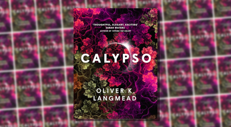 Cover of Calypso, showing many brightly colored coral-like plants, with the outline of an eclipsed star in the center.