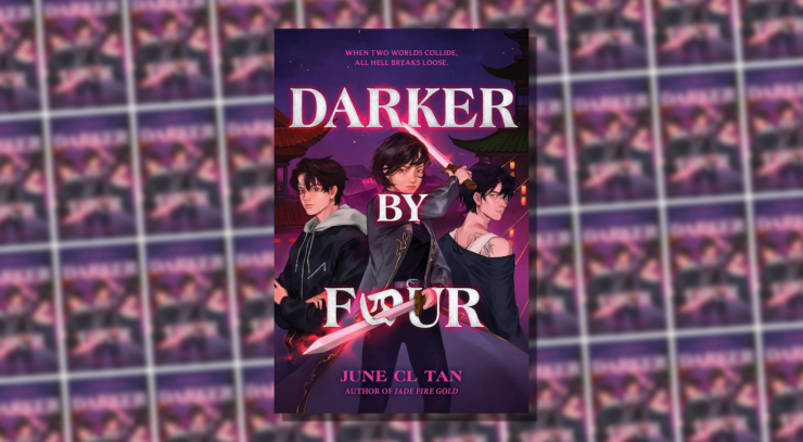 Cover of Darker by Four by June CL Tan , showing three young people, one holding two pink glowing swords.