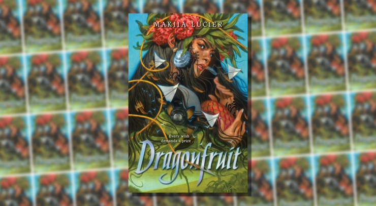 The cover of Dragonfruit, showing a colorful image of a woman with long hair wearing leaves and a flower in her hair, holding a small animal