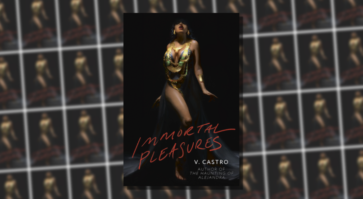 Cover of Immortal Pleasures by V. Castro , showing a female vampire against a dark background