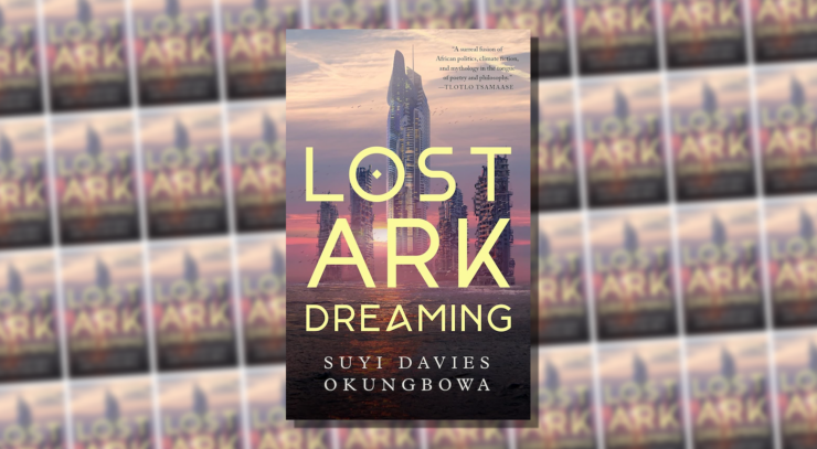 Cover of Lost Ark Dreaming, showing five derelict skyscrapers, four of them derelict, standing in water against a cloudy evening sky.