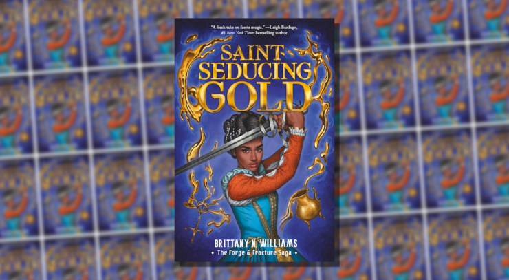 Cover of Saint-Seducing Gold by Brittany N. Williams , showing Joan holding a sword against a purple background, surrounded by molten gold and some gold objects.