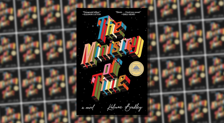 Cover of The Ministry of Time by Kaliane Bradley, showing the title of the novel in multicolored letters against a starry background.