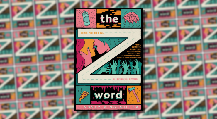Cover of The Z Word, showing squares with a can, a brian, a slice of pizza, and a hatchet, all around a big letter Z shaped like a road.