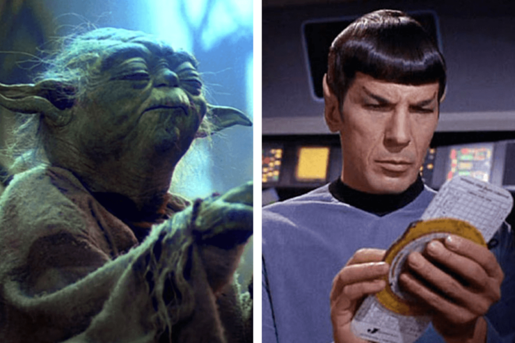 Left: Yoda using the Force in a scene from Star Wars: The Empire Strikes Back; Right: Spock holding a punch card in a scene from Star Trek: The Original Series