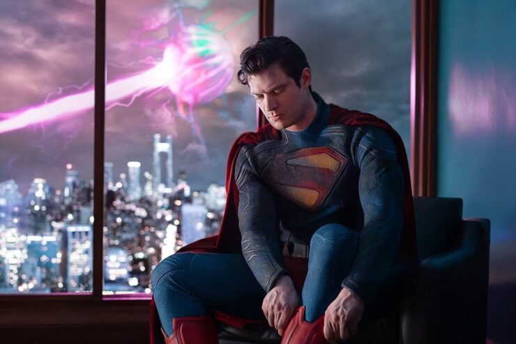 David Corenswet as Superman being all casual as a giant eyeball destroys Metropolis.