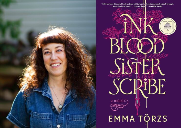 Emma Torzs and the book cover for Ink Blood Sister Scribe