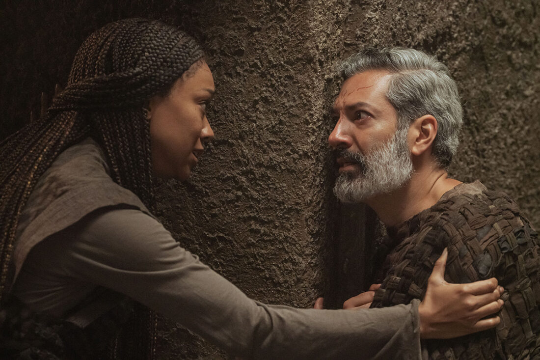 Burnham speaks with the leader of a pre-warp society in a scene from Star Trek: Discovery “Whistlespeak”
