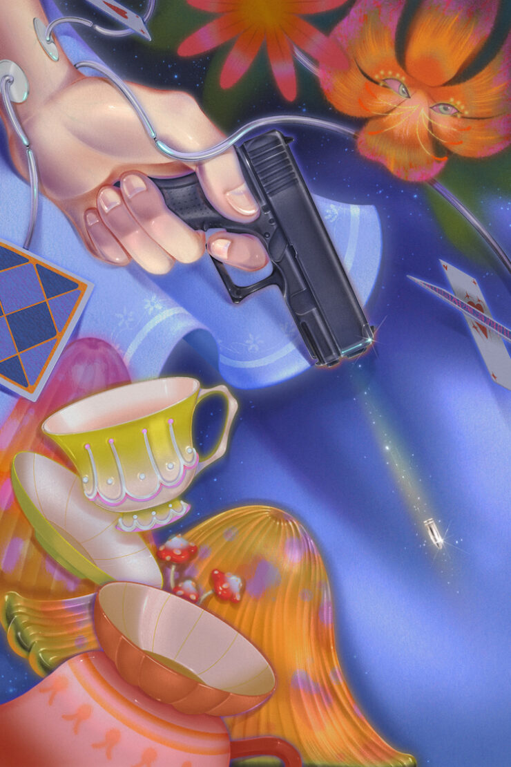 An illustration featuring a human hand with medical wires attached at the wrist, holding a gun, surrounded by a colorful montage of tea cups, flowers, and playing cards.