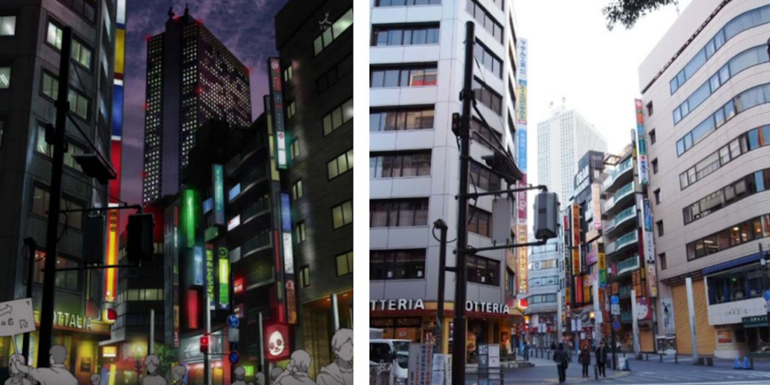 Left: an image of the Tokyo district of Ikebukuro as depicted in the anime series; Right: A photo of the neighborhood of Ikebukuro, with the same buildings depicted in the anime