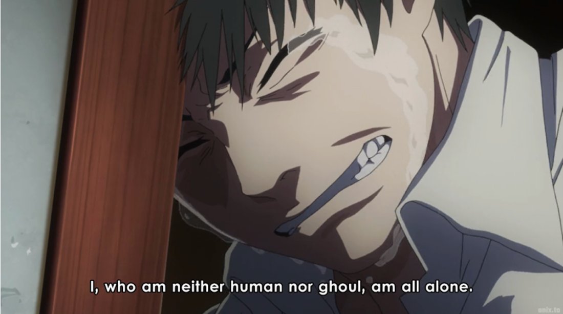 Image from the anime series Tokyo Ghoul: Close-up of a male character crying with his forehead pressed against a door frame. Subtitle reads: "I, who am neither human nor ghoul, am all alone."