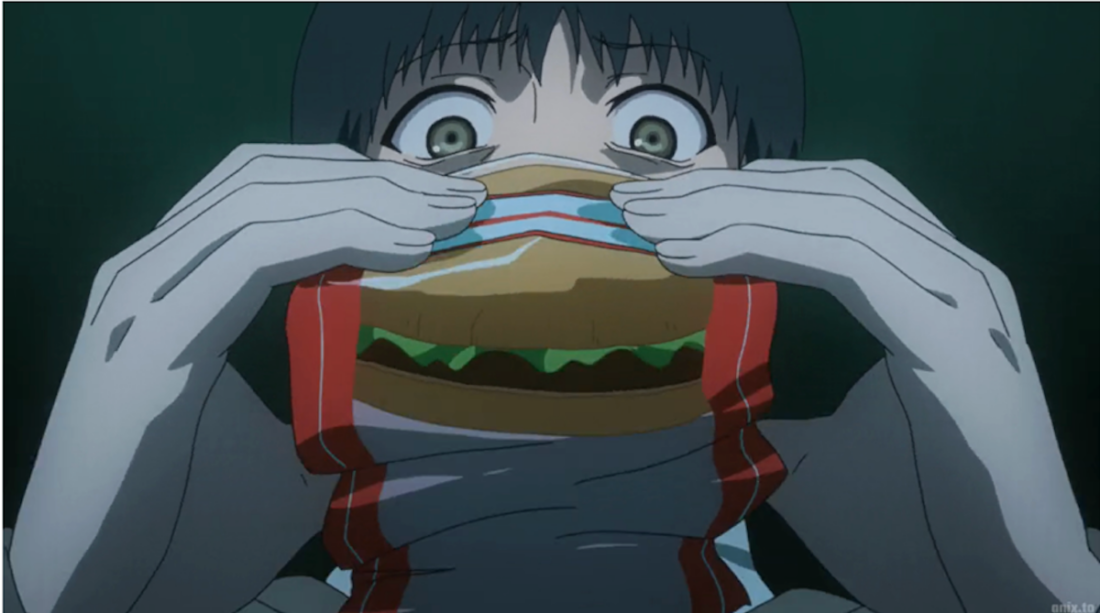 Image from the anime series Tokyo Ghoul. Close-up of a character holding a hamburger