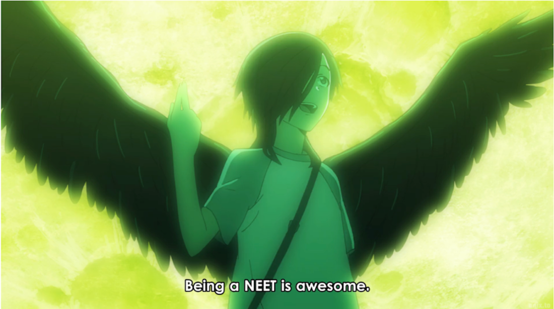 Image from the anime series The Devil Is a Part-Timer! Subtitle reads: "Being a NEET is awesome."