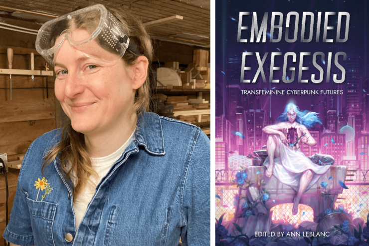 Photo of editor Ann LeBlanc and the cover of the anthology Embodied Exegesis: Transfeminine Cyberpunk Futures