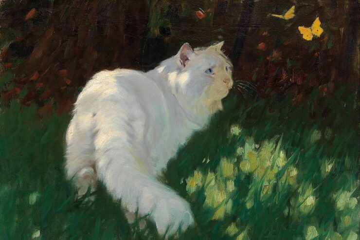 Painting of a white cat standing in the grass, looking at two yellow butterflies