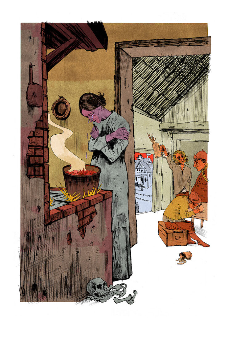 An illustration. While revelers drink in an adjacent room, a lone woman weeps over a pot cooking on the stove, at her feet, rests a pile of human bones...