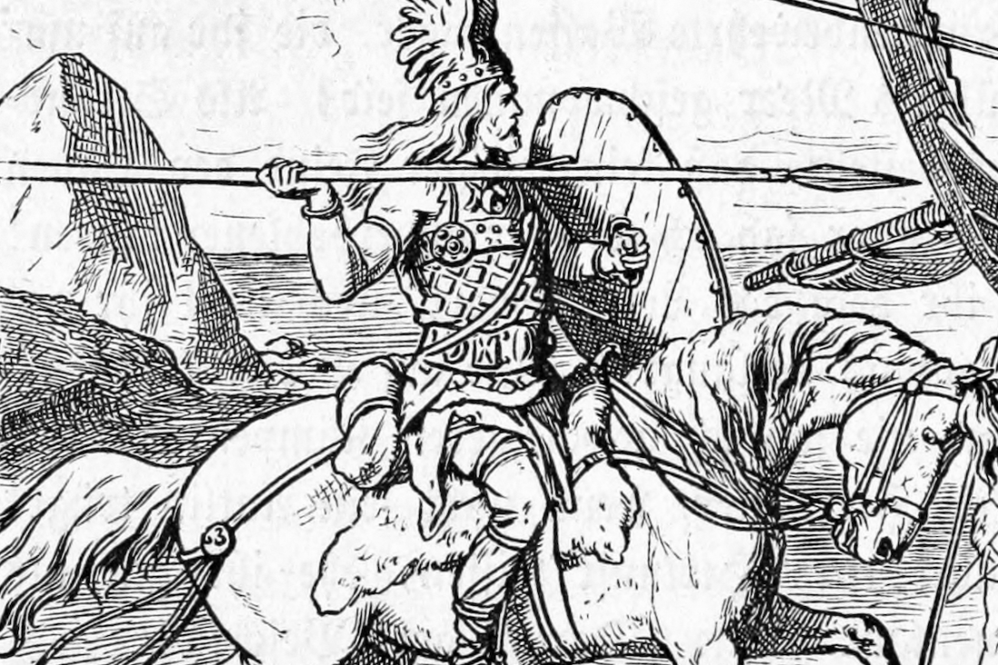 Illustration of Beowulf on hoseback, holding a spear