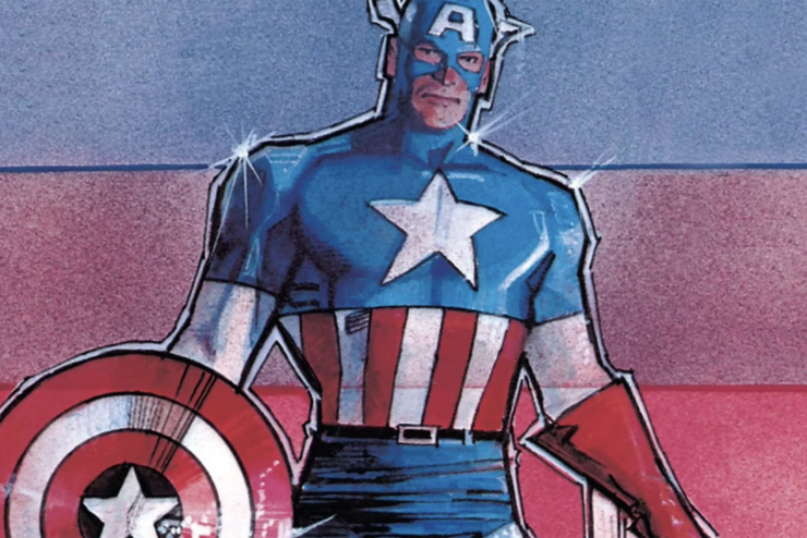 Selection from the cover of Marvel's What If issue #44, depicting Captain America thawing from ice, artwork by Bill Sienkiewicz