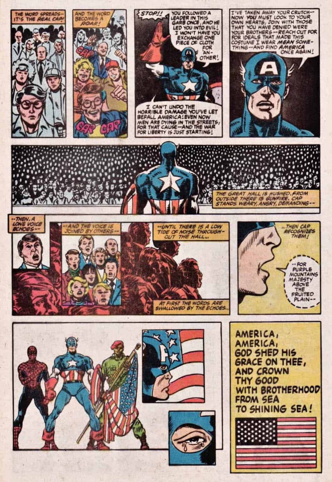 Final page from Marvel's What If...? issue #44, in which Captain America tells a gathered crowd: "You followed a leader in this garb once, and he led you into evil! I won’t have you exchange one piece of cloth for another! I’ve taken away your crutch — now you must look to your own hearts, join with those that you have denied were your brothers — reach out for ideals that made this costume I wear mean something — and find America once again!" The hall falls silent. One man starts singing “America the Beautiful,” and everyone, including a tearful Captain America, joins them.