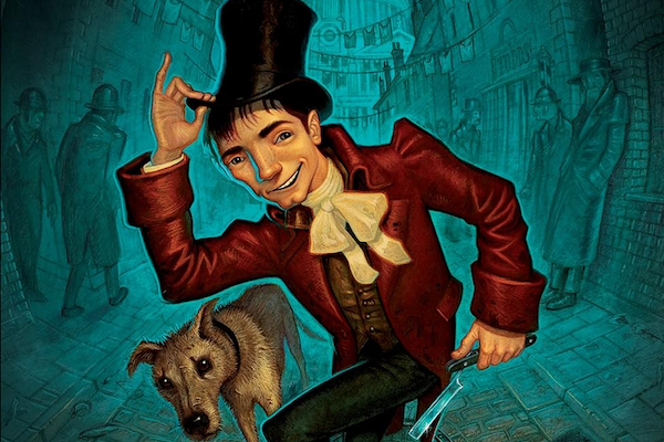 Cutout of the cover of Terry Pratchett's Dodger, showing the title character entering or exiting a manhole in a dark street, tipping his high hat, and holding a blade, with a dog by his side.