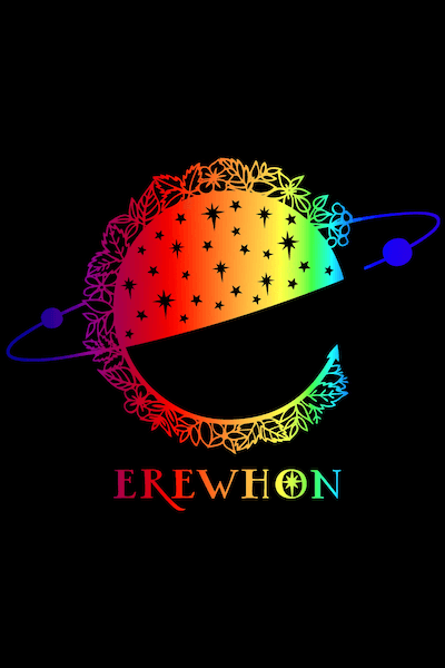 Logo for Erewhon Books, overlaid with a rainbow for Pride