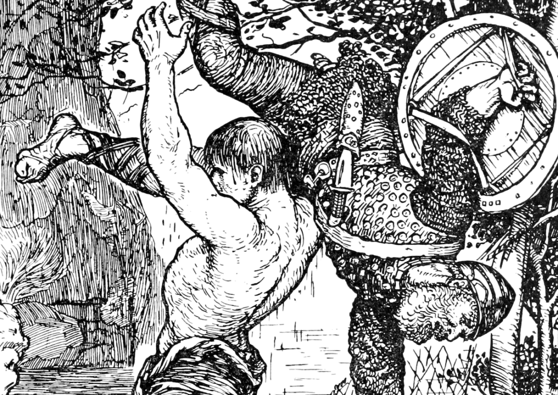 "Grettir Overthrows Thorir Redbeard": linework illustration of a young muscular figure (Gettir) tossing an armored figure (Thorir) over his shoulder