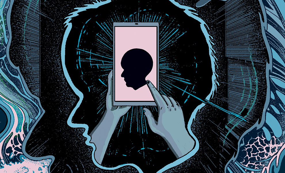 An abstract illustration of recursive silhouettes of a human head, at the center, a hand tapping a tablet with a similar silhouetted head.