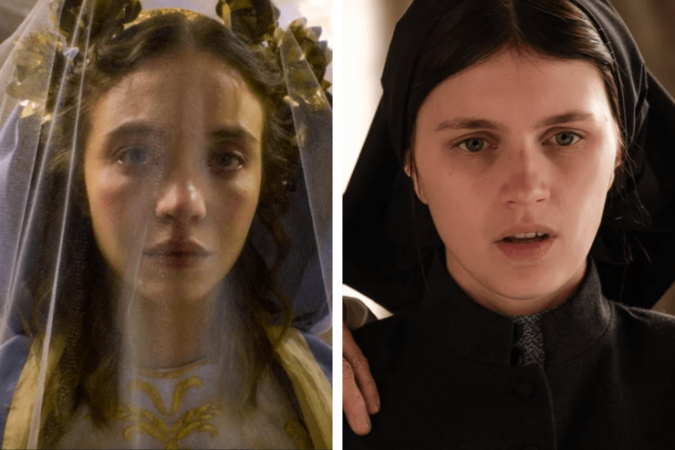 Side-by-side close-up images of Sydney Sweeney as Sister Cecilia in Immaculate and Nell Tiger Free as Sister Margaret in The First Omen