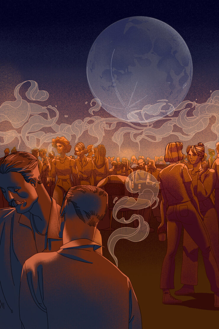 An illustration of people dancing beneath a moon.