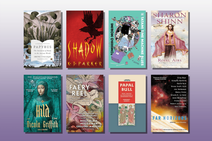 Book covers of 8 titles on Jo Walton's reading list for May 2024