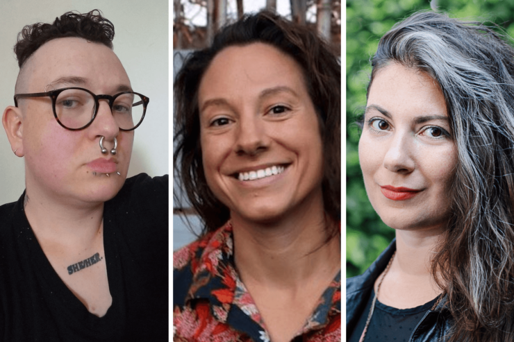 Photos of authors Aubrey Wood, Mac Crane, and Chana Porter, three of the four finalists for the 2024 Lambda Literary Award for LGBTQ+ Speculative Fiction